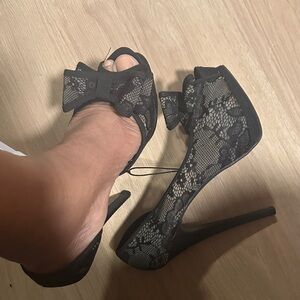 Betsey Johnson Black Lace Peep-Toe Heels